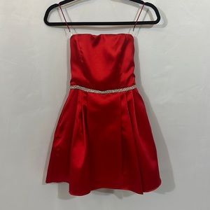 B. Darlin Strapless Satin Flare Red Dress with Rhinestone Belt Size 7/8